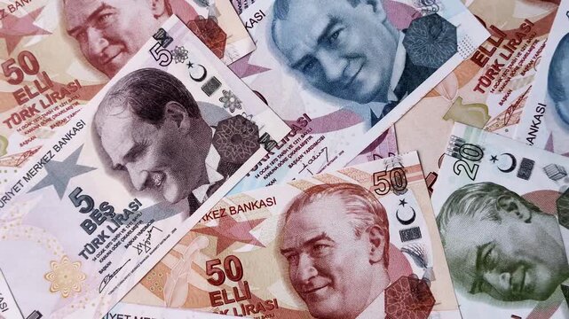 Money, currency of Turkey, lira banknotes of various denominations. Turkish money