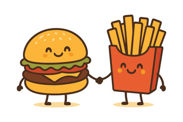 Cute cartoon hamburger and french fries holding hands happily together