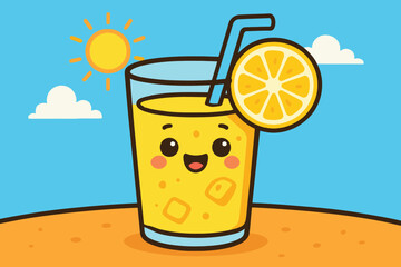 Cute kawaii orange juice drink with lemon slice and straw