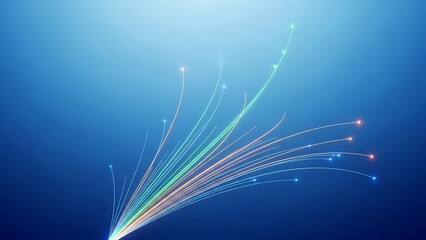 Dynamic stream of colorful light trails explodes upward against a deep blue gradient background symbolizing data flow and connection