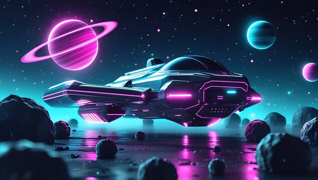 Vibrant neon spaceship exploring distant planets in a futuristic galaxy, perfect for sci-fi projects and captivating digital art, inspiring imagination