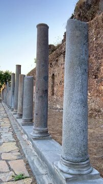 Ruins of the ancient Roman port city of Siedra in Alanya, Antalya, Turkey. The street and ruins of the ancient abandoned ancient city of Siedra on the Mediterranean coast. 4К