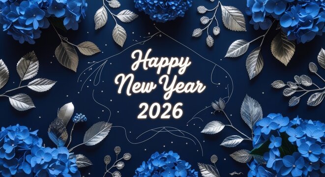 Happy new year 2026 text with blue flowers and silver leaves digital illustration