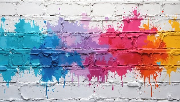 White brick wall covered with vibrant splashes of blue pink purple yellow paint drips. Colorful abstract background texture. Perfect for design art creative themes.