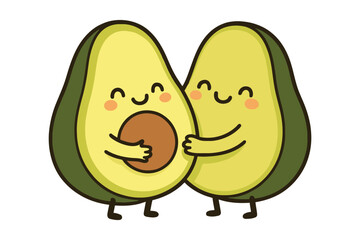 Cute cartoon avocados hugging together with happy faces