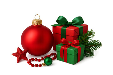 Winter Holiday Gift Boxes and Pine Greenery on Transparent Background for Greeting Artwork, Festive Card and Holiday Design, Isolated Christmas Presents with Pine Branches, PNG