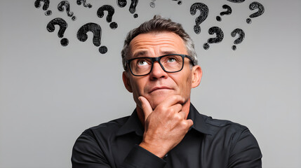 Man thinking with question marks over head