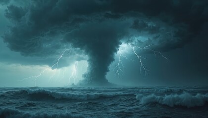 Massive tornado spins over rough ocean waves during intense thunderstorm. Lightning strikes illuminate dark stormy clouds and turbulent sea. Dramatic weather event with immense natural power.