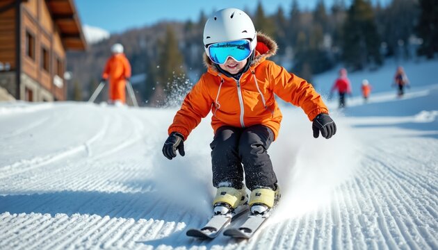 Little child in orange ski jacket and white helmet skiing down the slope. Kid wears protective goggles and gloves. Snowflakes fly around as child skis on a sunny day at a winter resort.