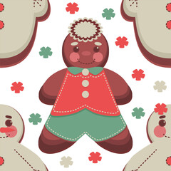Seamless pattern with gingerbread characters and holiday decorative elements in festive cartoon vector style