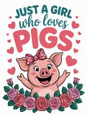 A cheerful cartoon pig wearing a polka-dot bow is surrounded by pink hearts and roses. Above, bold lettering reads Just a Girl Who Loves Pigs
