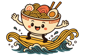 Cute kawaii ramen bowl character surfing on noodles in ocean waves