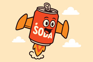 Funny cartoon soda can with wings and jet propulsion flying