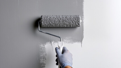 A person holding a paint roller applies a smooth gray paint to a white wall, leaving broad, even strokes