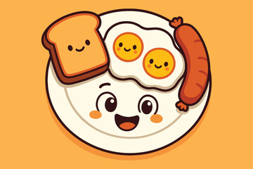 Cute cartoon breakfast plate with fried eggs sausage and toast