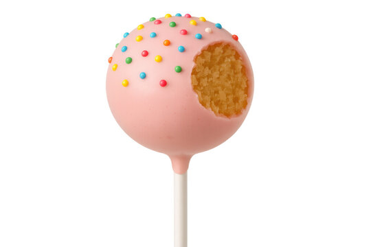 Pink cake pop with colorful sprinkles having a bite taken out of it, sweet dessert on stick