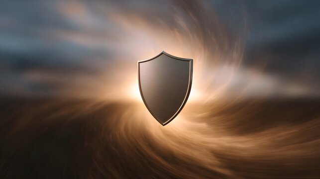A metallic shield symbol glows amidst a dramatic swirling atmospheric background at twilight