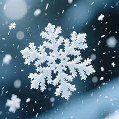 Snowflake gently drifts down from the sky in a cold winter scene. Soft flakes surround it as they touch the ground. The atmosphere has a cool feel Generative AI