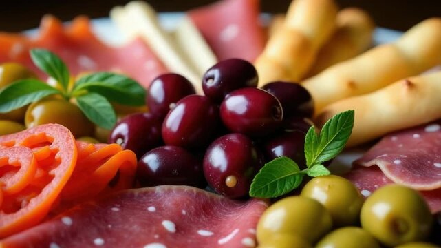 Video A selection of meats, cheeses, olives, and bread sticks arranged on a platter