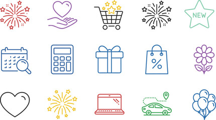 Colorful Line Icons Set Featuring Celebration, Shopping, Technology, and Travel Elements for Marketing, UI Design, and Digital Projects