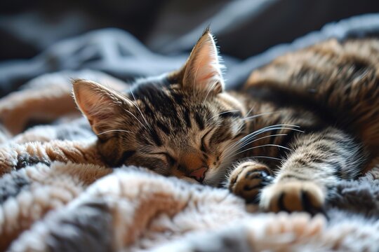 small tabby cat sleeps soundly on a fluffy blanket in a home. Sunlight shines gently on the fur, creating a warm atmosphere. The cat appears relaxed and comfortable