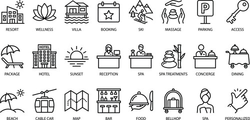 Hospitality and Travel Services Line Icons Set Featuring Resort Amenities, Hotel Features, and Vacation Elements in Minimal Black Style
