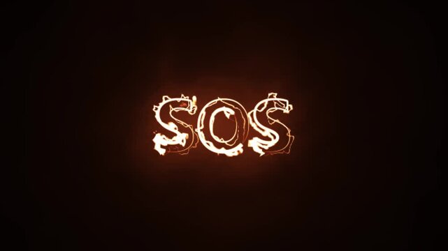 S O S signal glowing fiery letters emergency distress call danger crisis urgent plea help needed