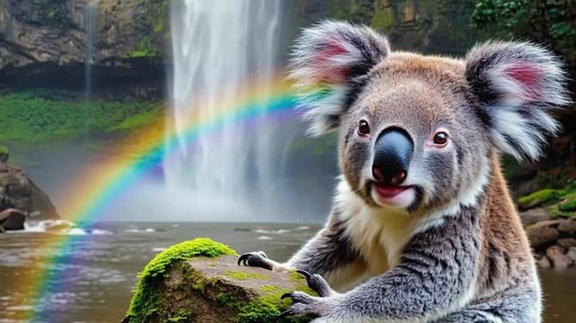 Close up of a koala bear sitting on a mossy rock with a rainbow and waterfall behind it koala video