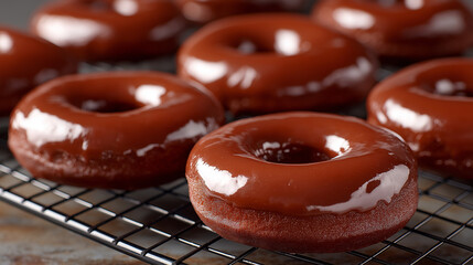 Fresh chocolate doughnuts covered in shiny glaze, arranged on a cooling rack, soft light, bakery style