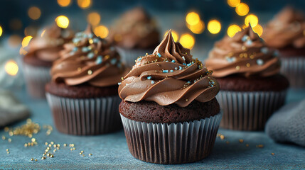 Freshly baked chocolate cupcakes topped with creamy swirl frosting, decorative sprinkles, soft bakery lighting, festive dessert styling.