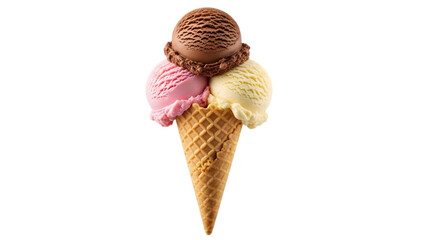 Three vibrant ice cream scoops in a crisp waffle cone dessert isolated on transparent background