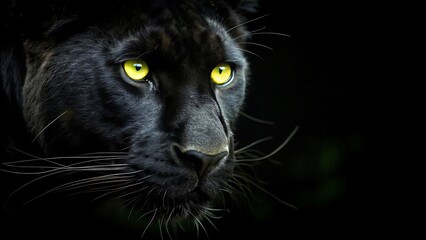 a black panther  glowing yellow eyes in black background