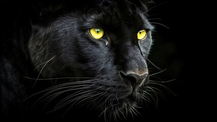 a black panther  glowing yellow eyes in black background
