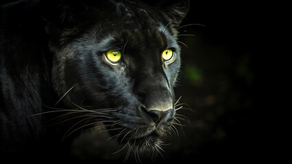 a black panther  glowing yellow eyes in black background
