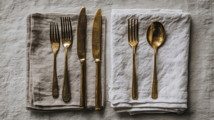 Gold Cutlery Arranged with White Napkin on Wood

