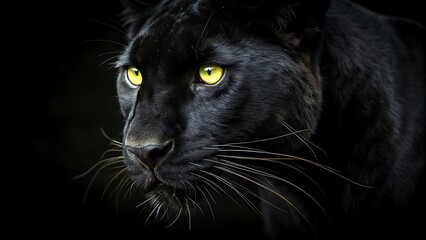 a black panther  glowing yellow eyes in black background