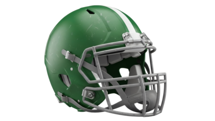 Realistic green football helmet with white stripe detailed protective gear on transparent background