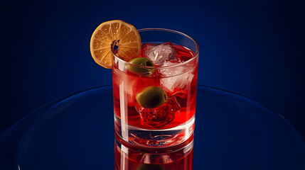 a red cocktail with olives and a slice of lemon