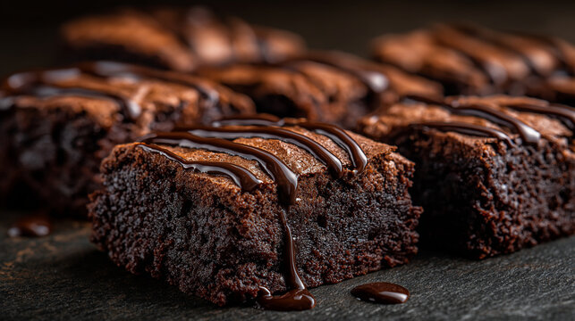 Fudgy chocolate brownies cut into neat squares, rich texture, melted chocolate drizzle, warm studio lighting.