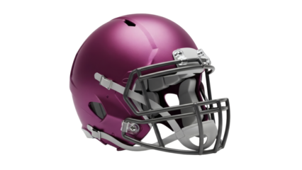 A vibrant purple american football helmet with face mask on transparent background