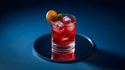 a red cocktail with ice and garnish on a blue background