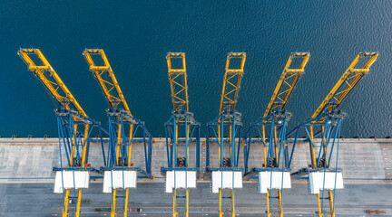 Aerial top view container freight port.