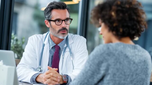Patient consultation in a modern professional setting with a healthcare provider discussing treatment options with a patient