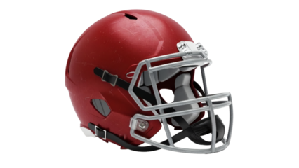 A detailed red football helmet with face mask on transparent background