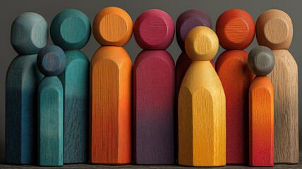 Diverse leadership team represented by colorful wooden figures promoting inclusion and teamwork