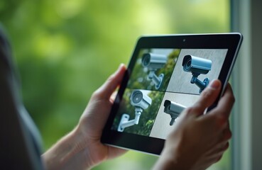 Person holds tablet showing four security camera feeds. Digital monitor displays live CCTV footage, remote home surveillance. Woman watches property protection system on pad, checking safety features