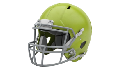 A vibrant green football helmet with a silver face mask on transparent background
