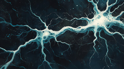 Abstract blue neuron cell background with glowing electric synapses. Microscopic view of human brain neural network for science and medical technology concepts