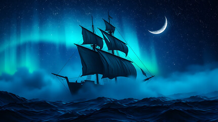 Majestic Tall Ship Sailing Under the Northern Lights and Crescent Moon sailing ship aurora borealis