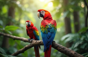 Naklejka premium Two scarlet macaws perched on a tree branch in a rich green jungle. The birds display vibrant red, blue, and yellow feathers. Their large beaks are visible as they look around the forest environment.